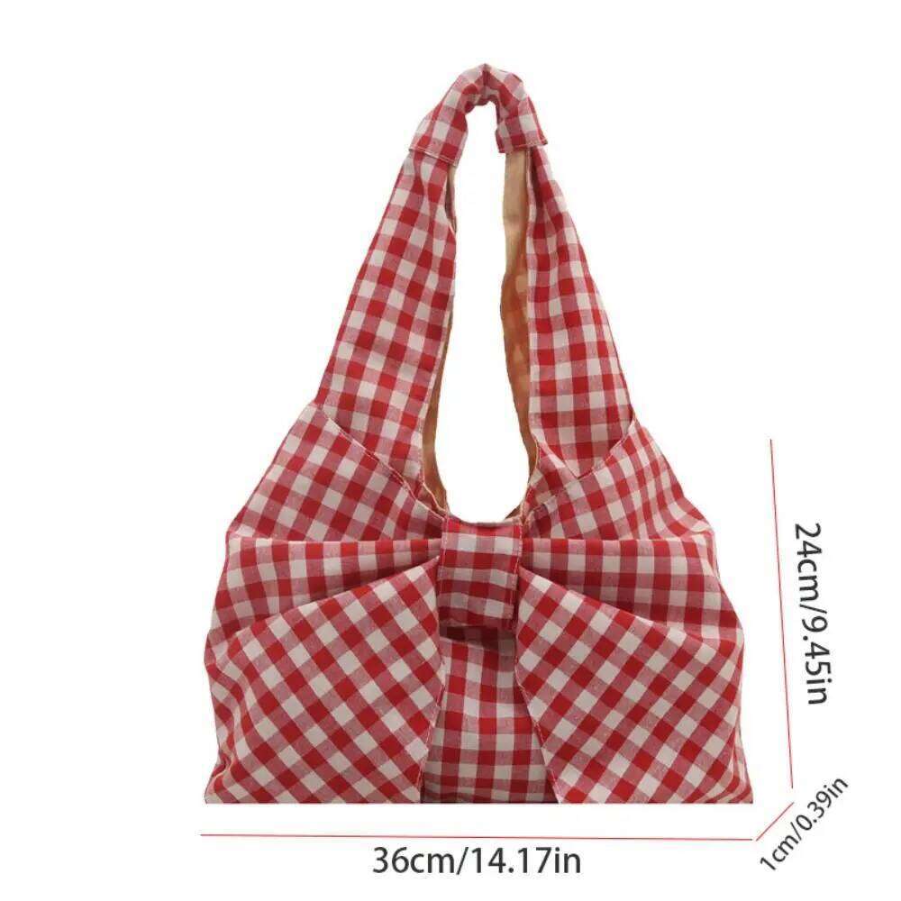 Lightweight Korean Style Bow Shoulder Bowknot Fashion Plaid Tote Portable Cute Canvas Vest Bag Outdoor XJ260130