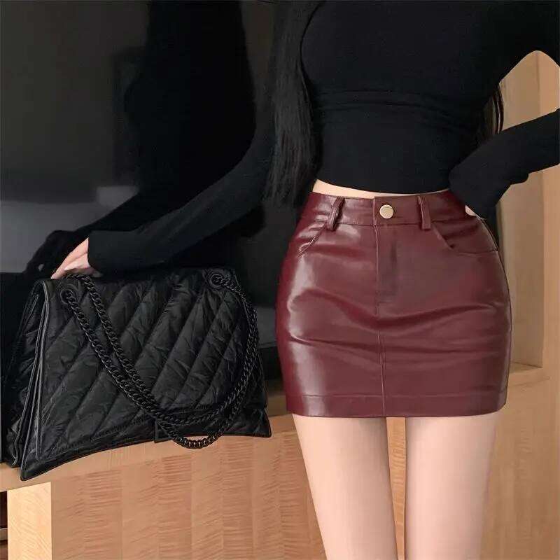 2025 New Sexy Red Pu Leather Women's High Waist A-shaped Skirt XJ260131