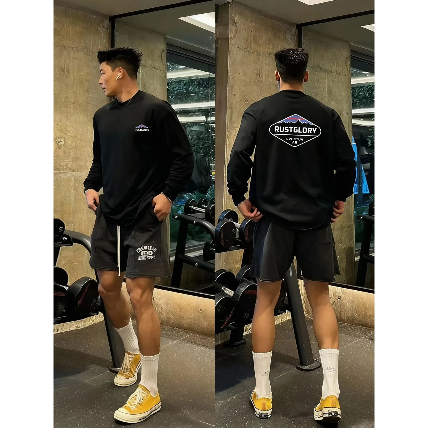 Oversized Slogan Print T-shirt Mens Autumn 100 Cotton Round neck Long sleeved T-shirt Sports Gym Y2k Top men clothing 260118