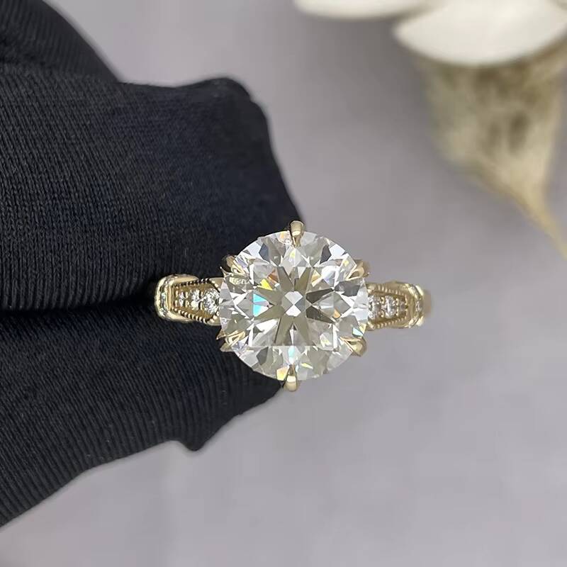10k 14k Gold Fine Jewelry 2ct 8mm Moissanite and Lab Grown Gemstone Solid Gold Mrilgrain Engragement Ring