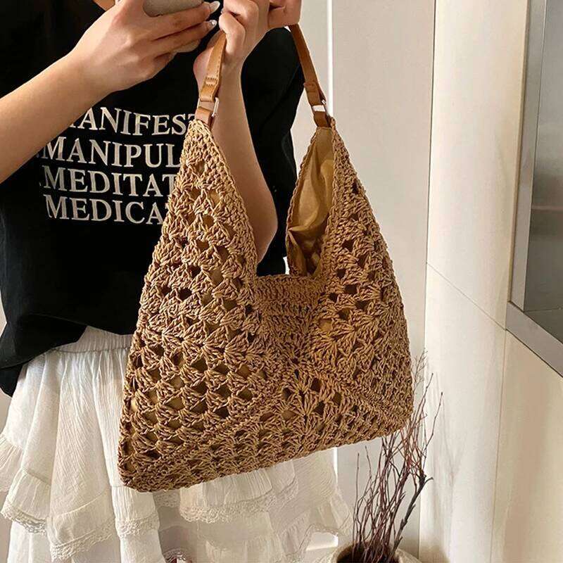 Summer Straw Knitting Hollow Out Tote Solid Beach Bag Holiday Travel Handbag Boho Shoulder Purse for Women XJ260130