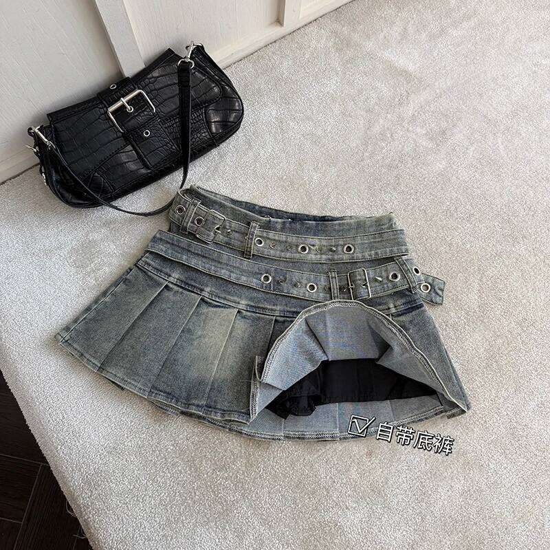 Women's Blue Black Riveted Belt Denim Y2K Harajuku High Street Fashion 90s Sexy A-line Mini Skirt Summer Clothing 2025 New XJ260131