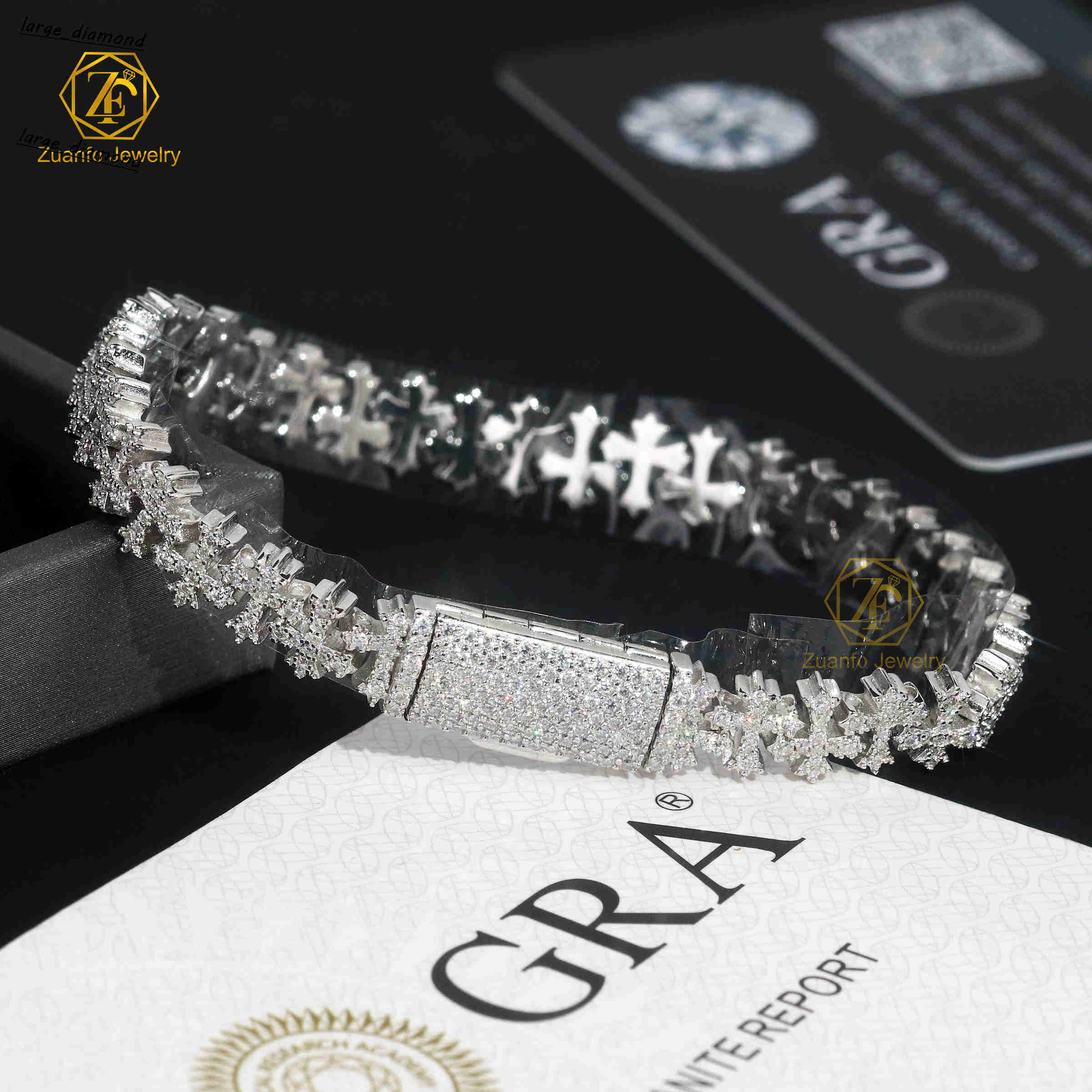 Cross Heart Shape 925 Solid Silver Iced Out GRA VVS Moissanite Bracelet for Women/mens Jewelry