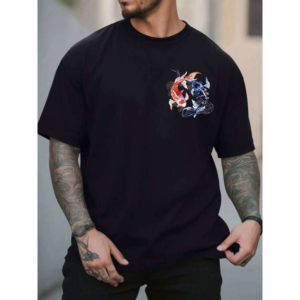 Koi Printed Pattern T-shirt Loose and Comfortable Pure Cotton Round Neck Short Sleeve Fashion Casual Trend Men's Clothing C260131