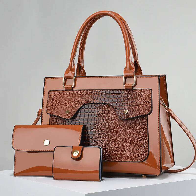 Women's fashion simple crocodile texture leather bag three-piece set wallet card case handbag