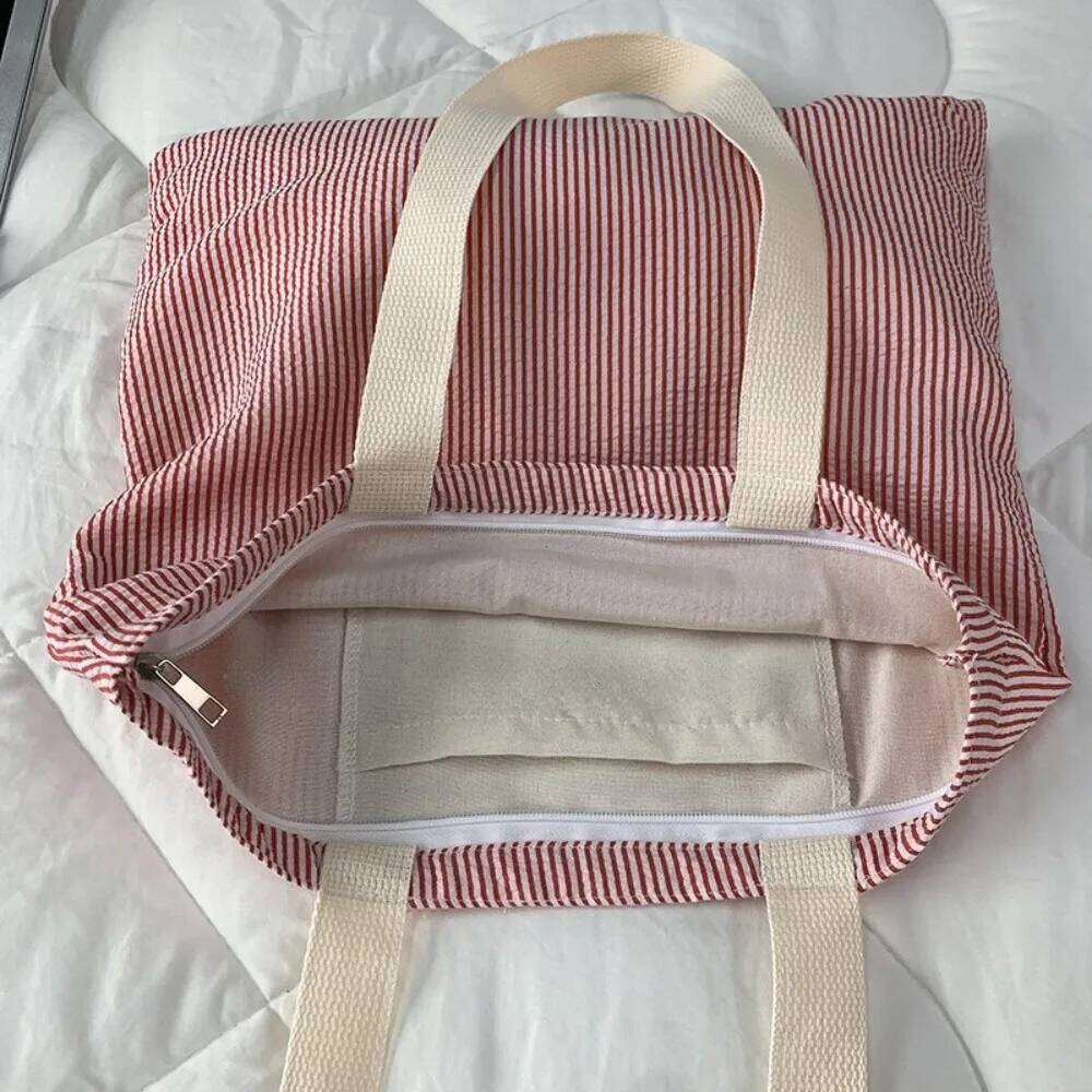 Large Capacity College Book Tote Stripe Contrast Color Women's Canvas Shoulder Zipper Handbags Simple Commuter Shopping Bag