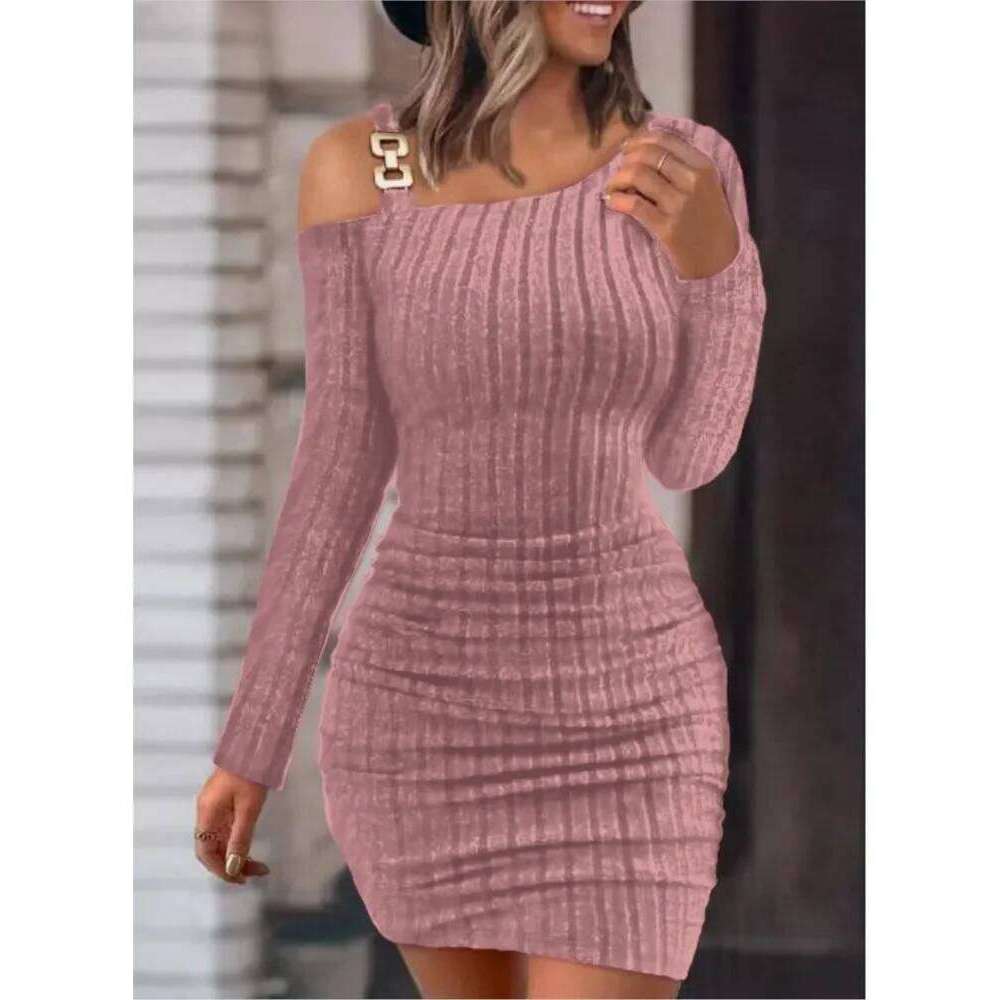 Autumn Winter New Solid Button Oblique Off Shoulder Tight Wrap Hip Slim Sexy Long Sleeve Mini Dress Women Clothing XJ260131