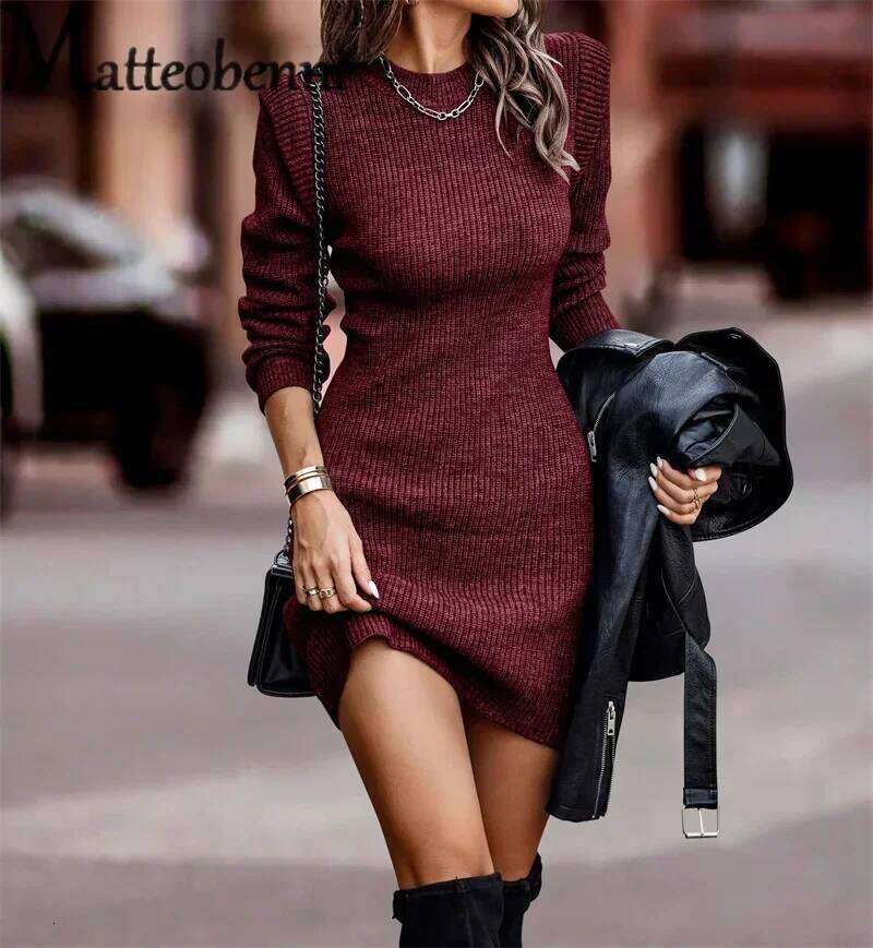 Women Solid Color Knitted Wrap Hip Dress Autumn Winter Crew Neck Pullover Long Sleeve Dressy Female Knitwear Slim Fit Short Gown XJ260131