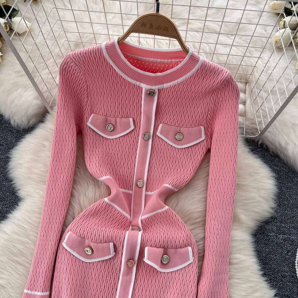 YuooMuoo Women 2024 New Autumn Winter O-neck Brand Buttons Knitted Sweater Dress Lady Bodycon Mini Party Vestidos Outfits XJ260131