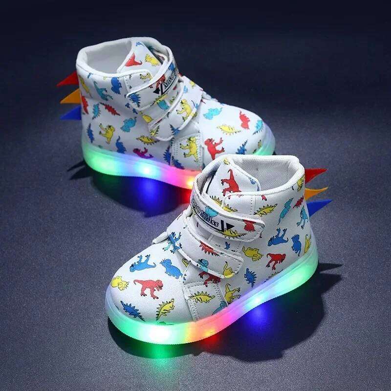 Children's High Top Sneakers 2024 New LED Lighted PU Kids Fashion Dinosaur Print Boys Casual Luminous Board Shoes Y260128