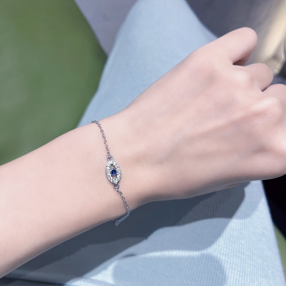 Boho Blue Zircon Evil Eye Pendant Bracelet for Women 18K White Gold Plated Elegant Good Luck CZ Crystal Eye Hand Chain Delicate Diamond Bracelet Weddi