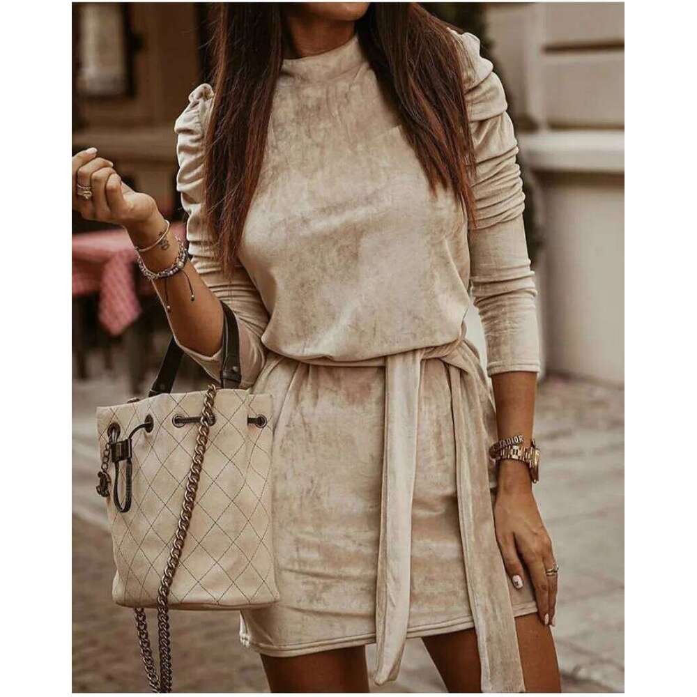 2026 Women Dresses Spliced Dress Lace Up Half High Collar Puff Sleeves Waist Cinched Knee Length Slim Casual Office Lady Autumn XJ260131