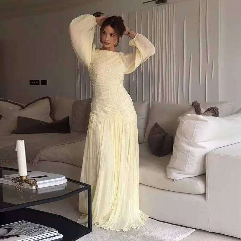 Elegant Pleated Lantern Sleeve Long Women O-Neck Folds Loose Holiday Beach Dress Summer Chic Vestidos