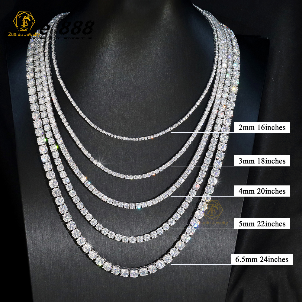 Fine Jewelry Hip Hop Bling S925 Silver 2mm 3mm 4mm 5mm 65mm GRA VVS Moissanite Iced Out Tennis Chain Necklace for Men Women