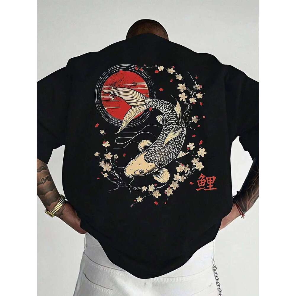 Japanese-style Koi Fish Men's T-shirt with Traditional Cherry Blossom and Sun Print Casual Oriental Style Summer Top C260131