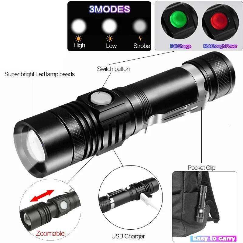 Aluminum Alloy Portable Torch Powerful LED Flashlight USB ReChargeable Outdoor Tactical Zoom Camping Waterproof Flash Light H260131