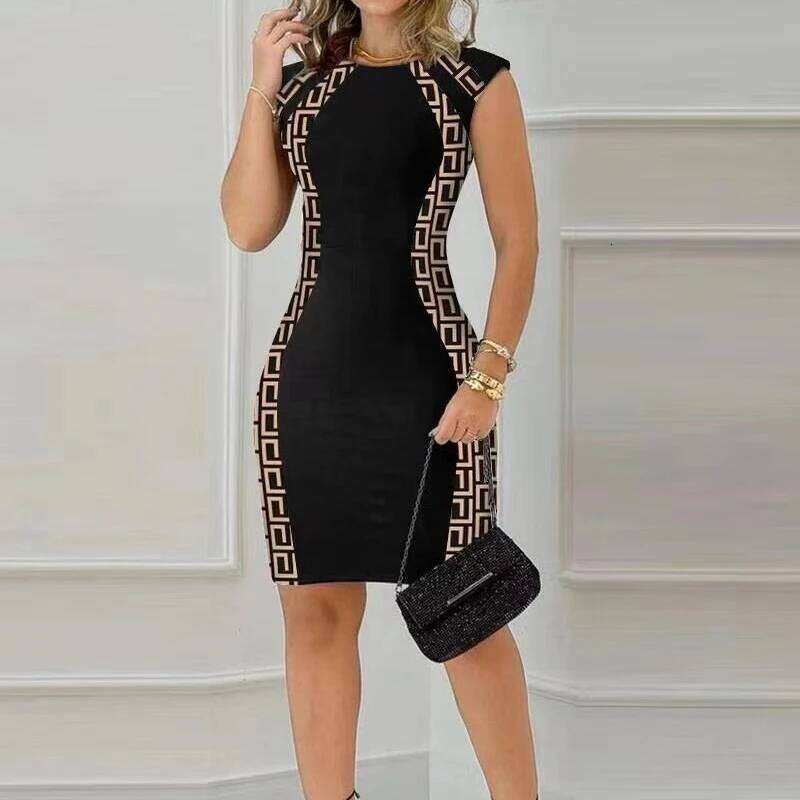 Elegant Women Party Club Dresses 2025 Summer Fashion Colorblock Round Neck Bodycon Sleeveless Casual Mini Black Dress XJ260131