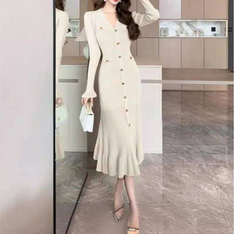 Solid Color Temperament Ruffle Edge Autumn Winter New Women's V-neck Button Long-sleeved Fishtail Knitted Fitted Dress XJ260131