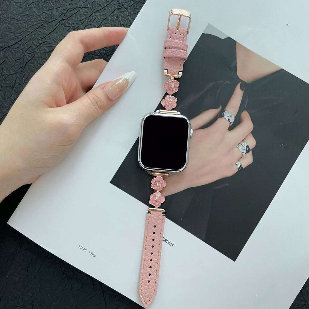 Camellia Diamond Denim Leather Apple Watch Band Fashion Strap for iWatch Series 1-10 Ultra SE