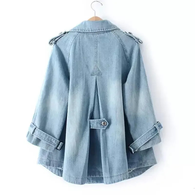 Denim Cape Coat Female Jacket Double Breasted Office Lady Windbreaker Basic Coats 2024 Autumn Overcoat 260120