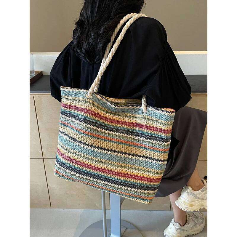 Female Fashion Retro Handbags Women's Nylon Woven Rainbow Casual Shoulder Bags Ladies Leisure Designer Luxury Hand Bag for Lady XJ260131