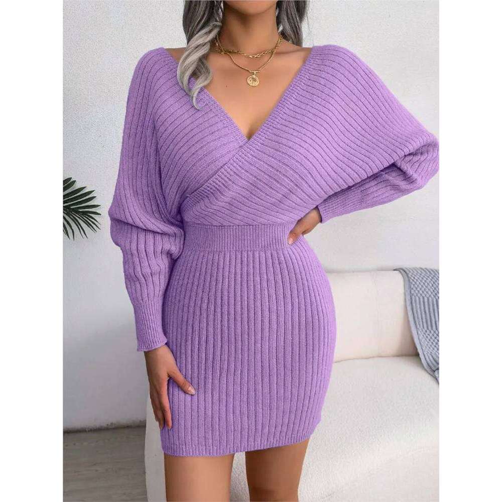 Women Knitted Sexy Cross V-neck Bat Sleeve Hip Pack Dress Autumn Nightclub Female Waist Hugging Short Bottom Sweater Skirt XJ260131