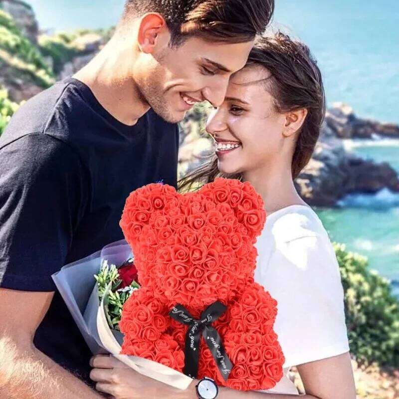 Romantic Valentine's Day Rose Eternal Flower Bear with LED Light, Wedding Home Decor, Christmas Proposal Gift, Y260131