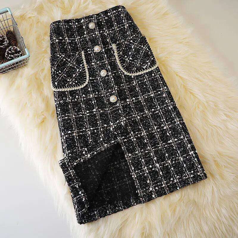 OCEANLOVE Faldas Mujer Plaid Vintage Knee Length Autumn Winter Woolen Women Skirts Korean Jupe Femme XJ260131