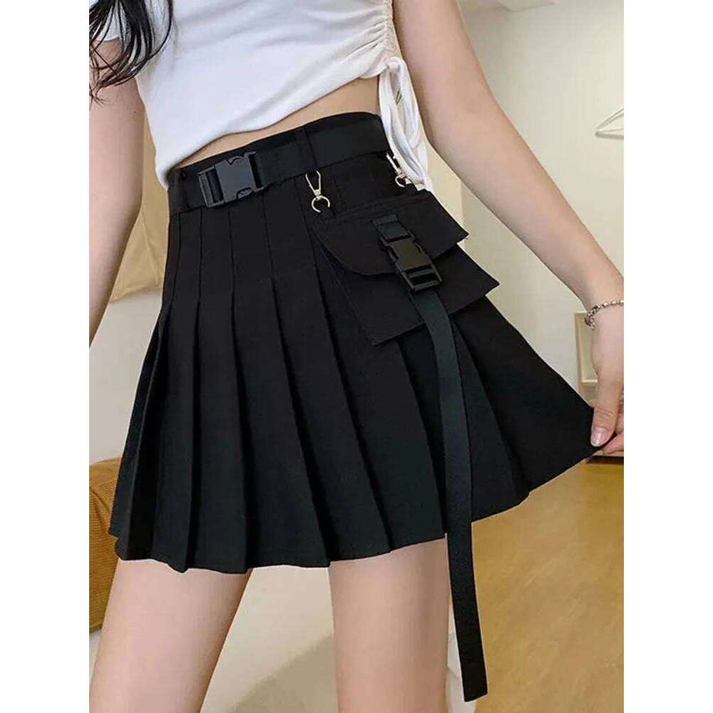 Zoki Harajuku Belt Pleated Cargo Women Gothic High Waist Pocket Mini Skirts Fashion Summer Lady A Line Black Skirt XJ260131