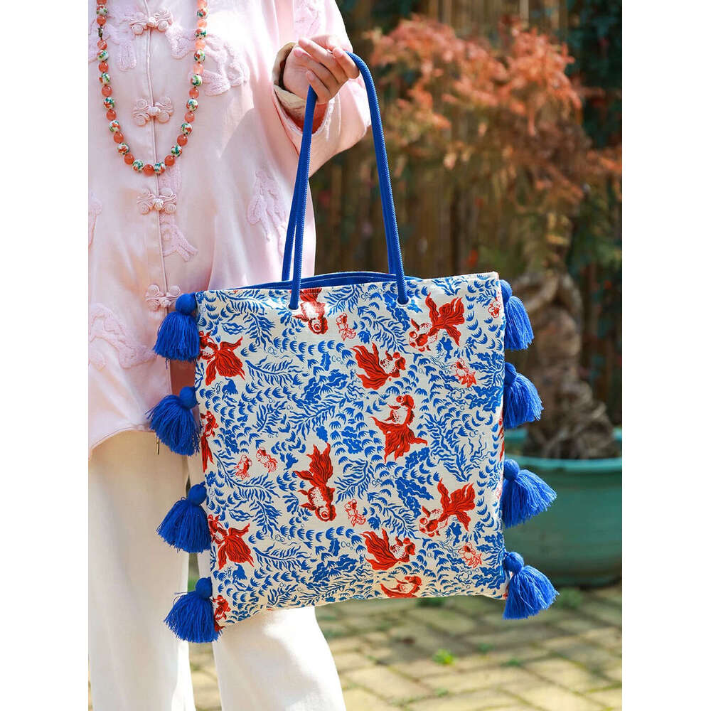 Artistic Niche Ethnic Tassel Large Capacity Underarm Color-Block National Style Single Shoulder Spring Summer Original Canvas Bag MASA