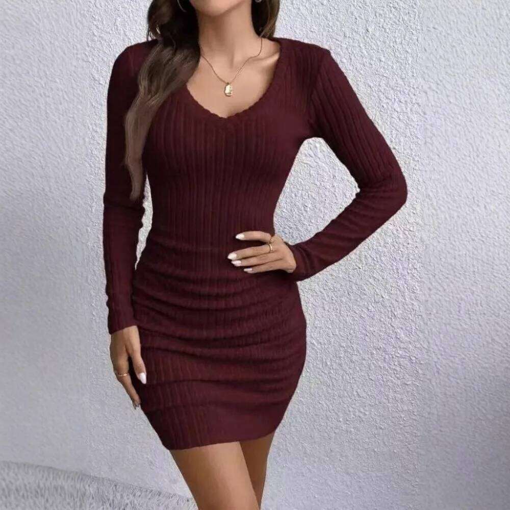 Women's Ribbed Bodycon - Long Sleeve V-Neck Slim Fit Midi Dress for Fall, Work, Date Night and Casual Chic XJ260131