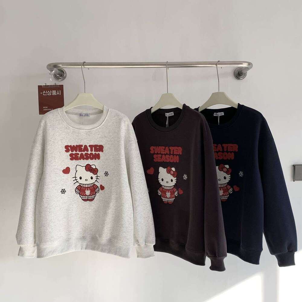 Korean Style Atmosphere Kitty Snowflake Patch Embroidery Fleece Sweatshirt For Women Winter New Loose Versatile Long Sleeve Top