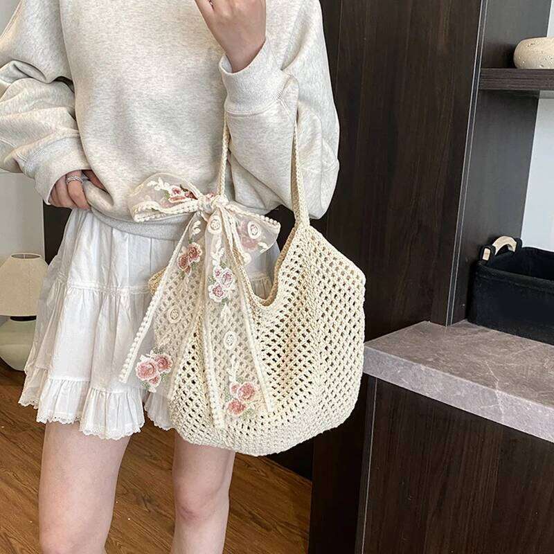 Solid Crochet Tote Handbag Summer Beach Fashion Women's Mesh Woven Shoulder Bags Large Capacity Knitting Underarm Bag XJ260130
