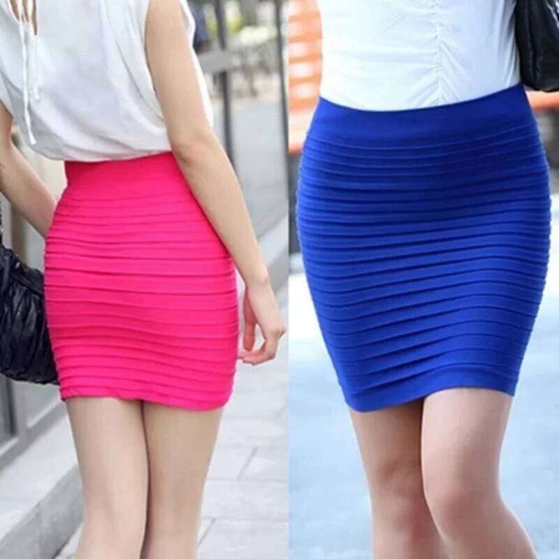 Elastic Pleated High Waist Bodycon Mini Skirt Business Office Cheap Short Pencil Skirts Solid Color Pink Black Blue Hot XJ260131