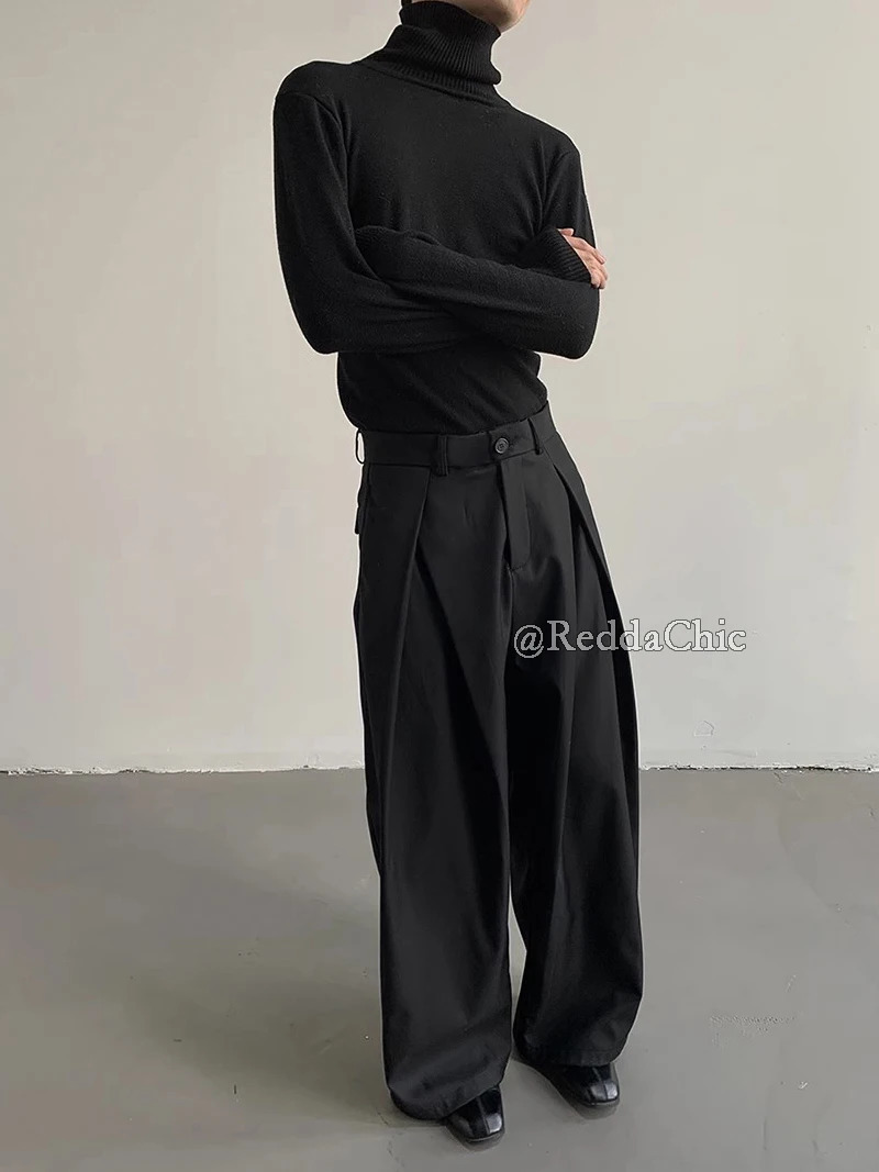 REDDACHiC Mens Pleated Front Wide Leg Pants Cleanfit Black Solid Low Waist Dressy Trousers Unisex Office Work Casual Clothes 260120