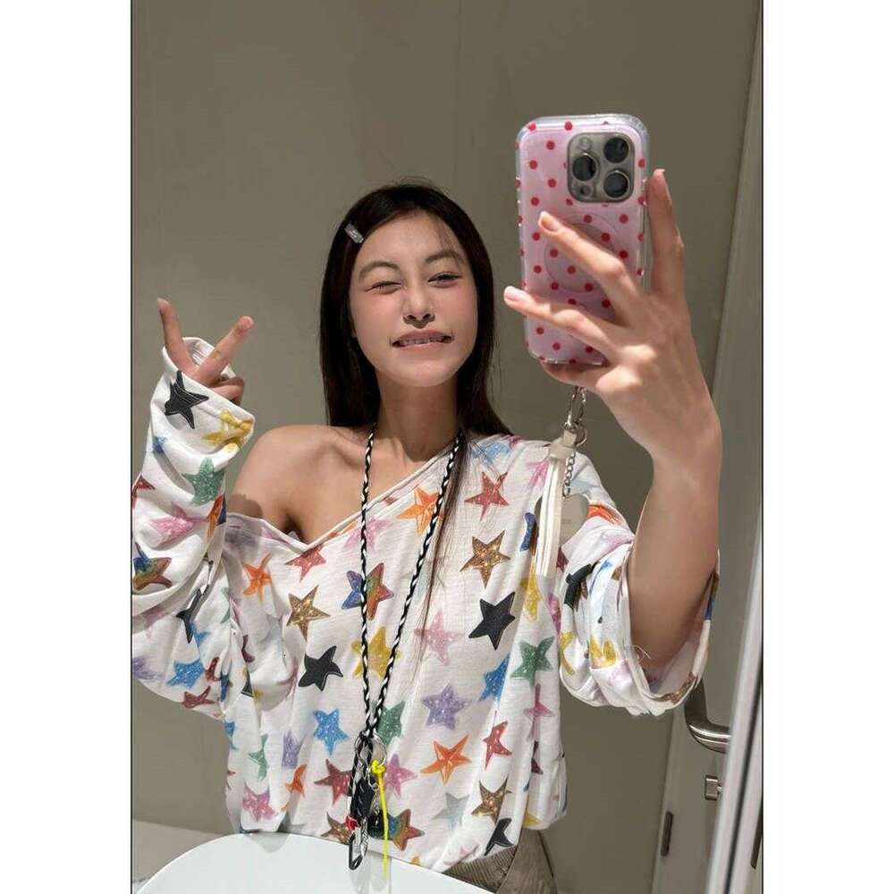 American Style Full Colorful Star Print Asymmetrical Long Sleeve T-Shirt Women's Summer Lightweight Off-Shoulder Sun Protection Cover-Up