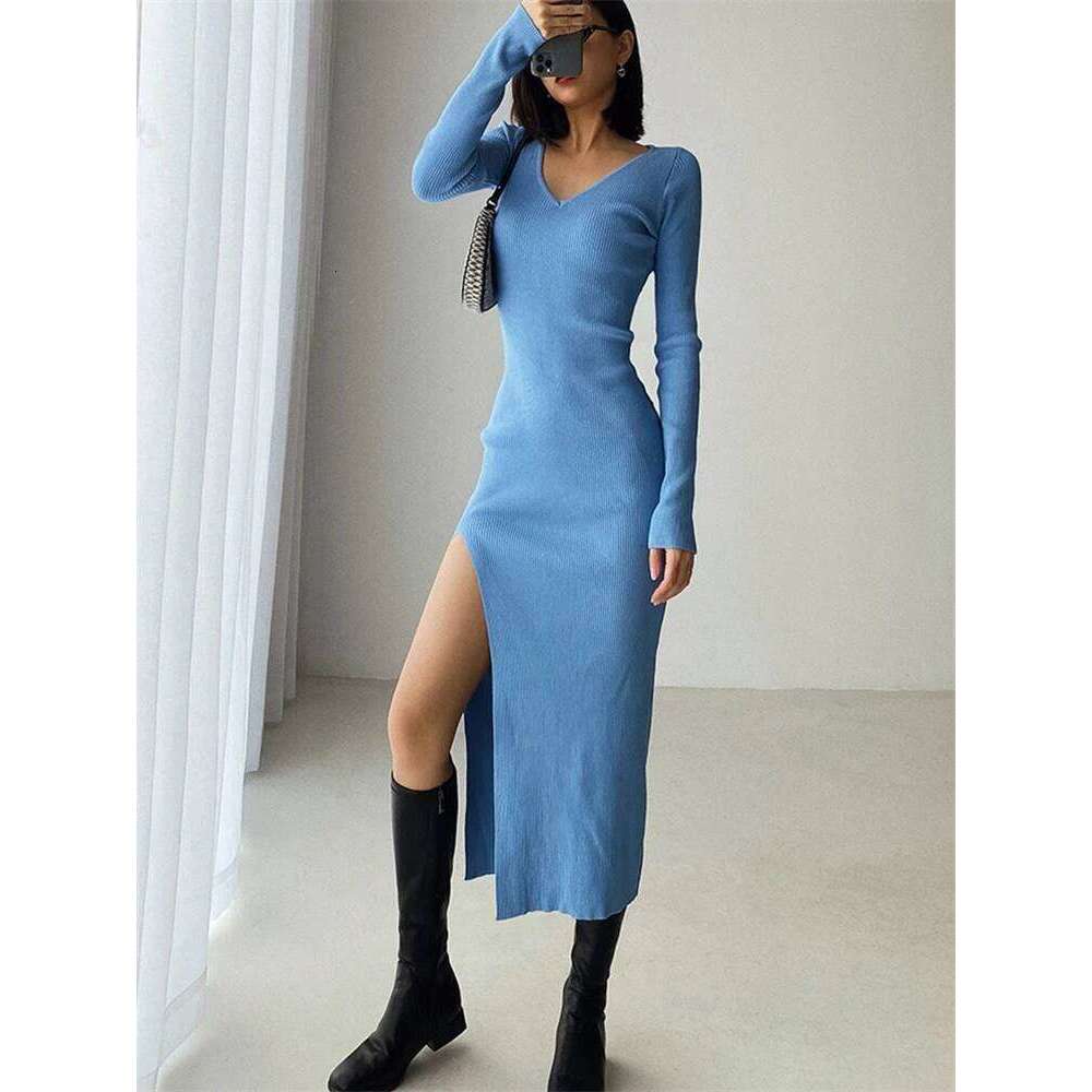 REALEFT Autumn Winter French Sexy Slit Women's Sweater Dress Female V-Neck Slim Tight-fitting Wrap Dresses 2023 New XJ260131