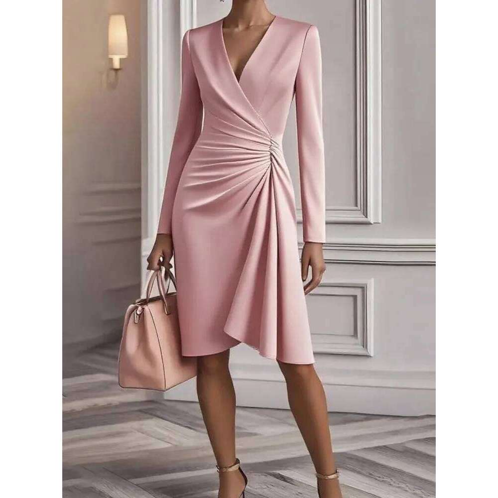 Fashion V Neck Dress For Women Elegant Solid Long Sleeve Waist Loose Dresses Vestidos Robe Femme Chic High Street Clothes XJ260131