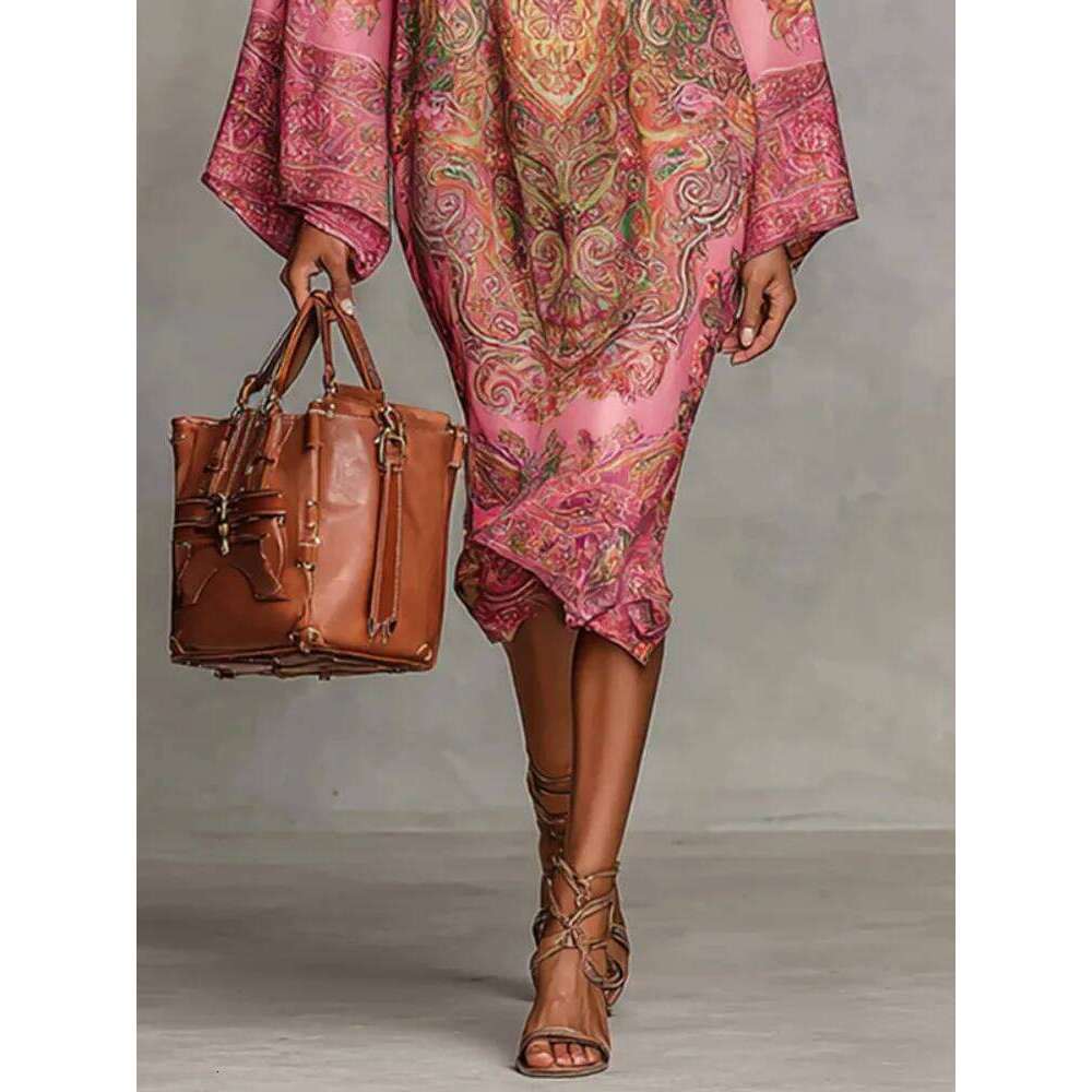 UOOZEE Women's Vintage Printed High Neck Kaftan Dress Long Sleeves Loose Elegant Evening Midi Dresses Robe 2026 New