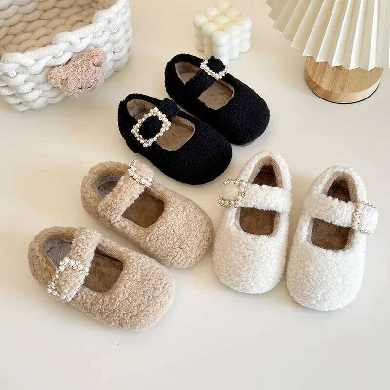 Children Winter Warm Thickened Casual Soft Soled Baby Girls Fashion Cotton Shoes Girl Pearl Velcro Square Toe Y260128