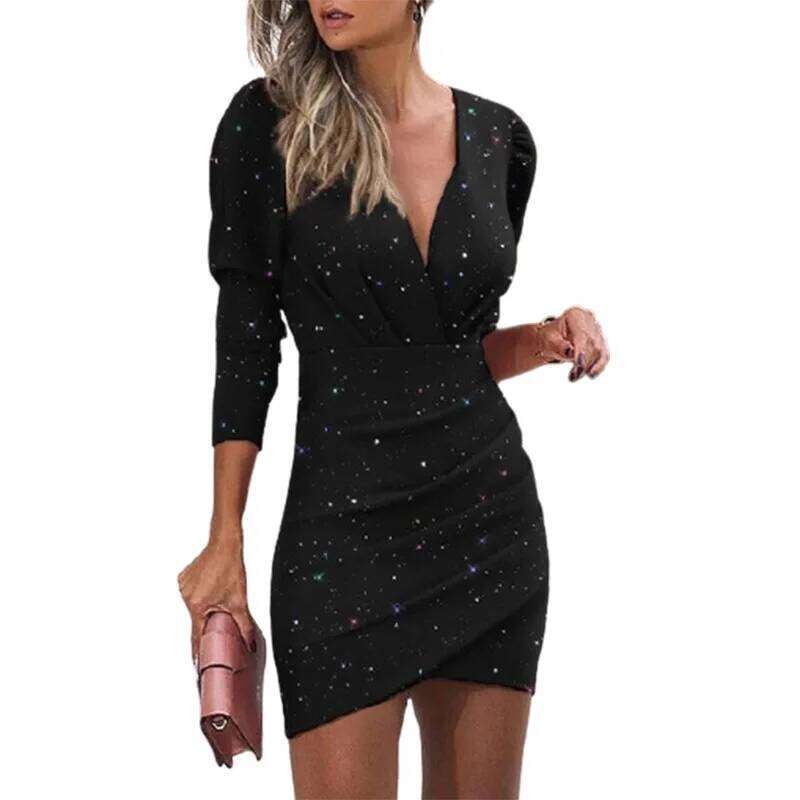 6-Color V-Neck Long Sleeved Slim Women's Solid Color Pleated Sexy Dresses Lady Spring Autumn Birthday Party Mini Dress XJ260131