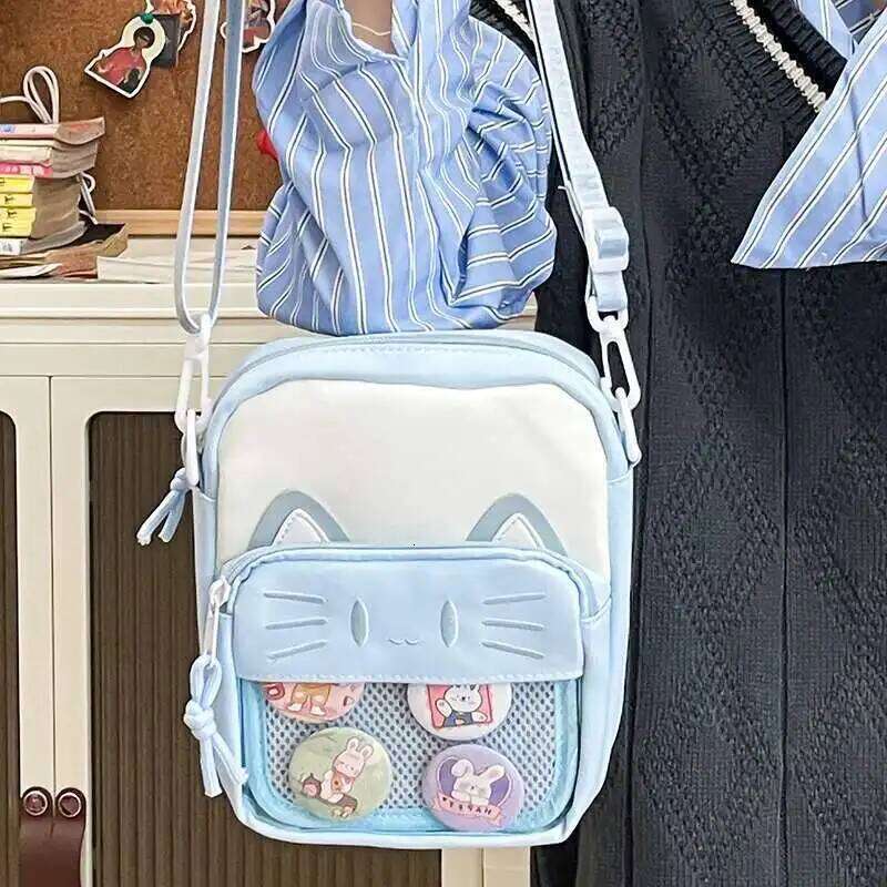 Y2K Cute Cartoon Cat Ita Shoulder Bags Mini Women Casual Crossbody Bag Kawaii Girls Transparent Pocket DIY Display Nylon Handbag XJ260131