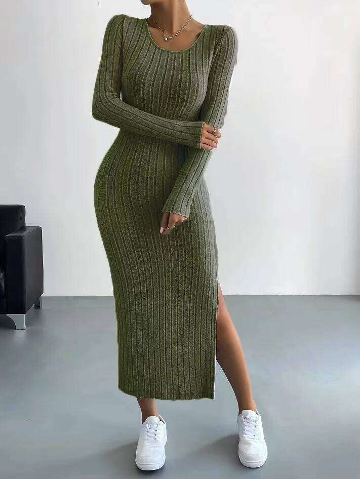 Women's Autumn French Plain Stripe Split Long Sleeve Scoop Neck Bodycon Full Length Maxi Casual Dresses XJ260131