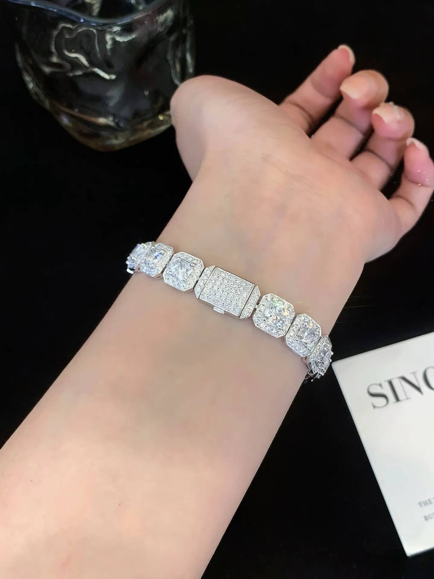 Luxurious ICEWALD 9K White Gold Lab-Grown Radiant Cut Filled Diamond Tennis Bracelet Fully-Embedded Exquisite Bangles