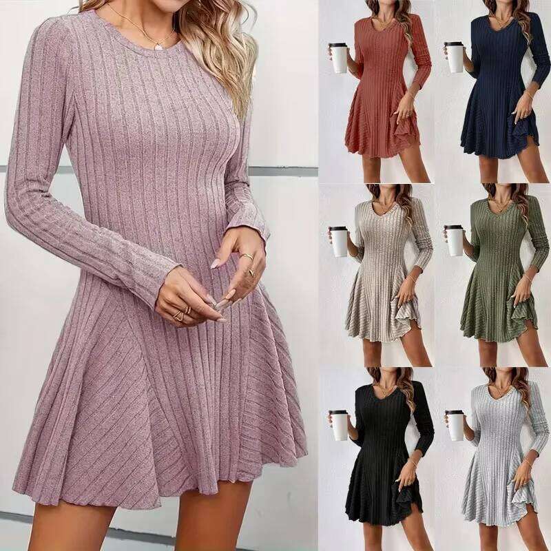 Elegant Knitted V-Neck Long-Sleeved Dress for Women Short & Large Skirt Options European American Style Cross-Border Fashion XJ260131