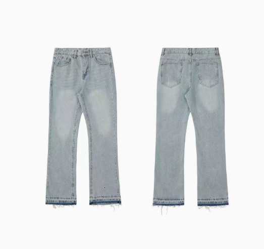 Washed feet hem frills in a light grey color. Cleanfit jeans. Retro high street vibe style for men H260131