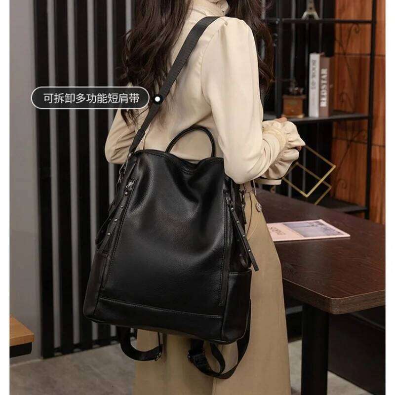 Simple Fashion Backpack Ladies Temperament Hundred Shoulder Soft Leather Solid Color Travel Computer Bag Rivet Decoration