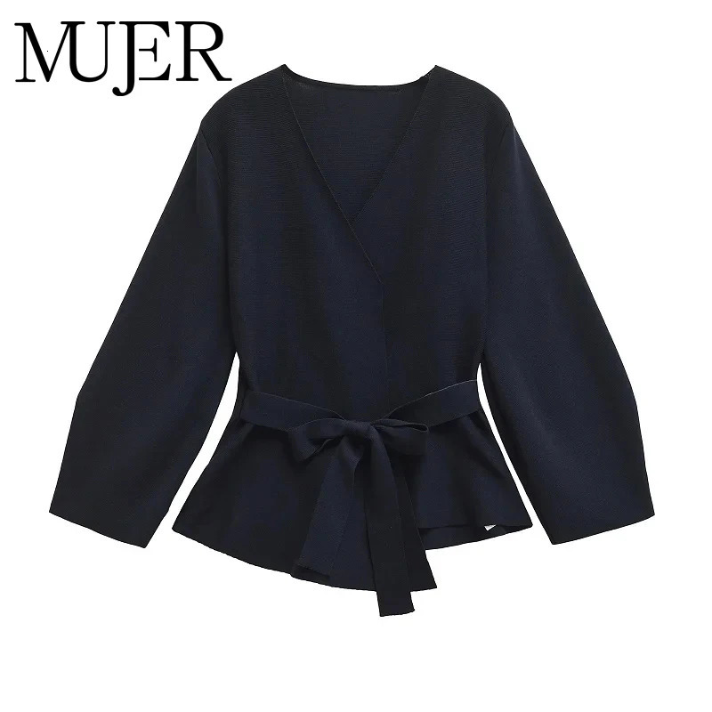 MUJER 2025 Womens Blazers Wrap Knit Casual Blazer Woman Shoulder Pads Coats and Jackets Long Sleeve Belt Blazers for Women 260120