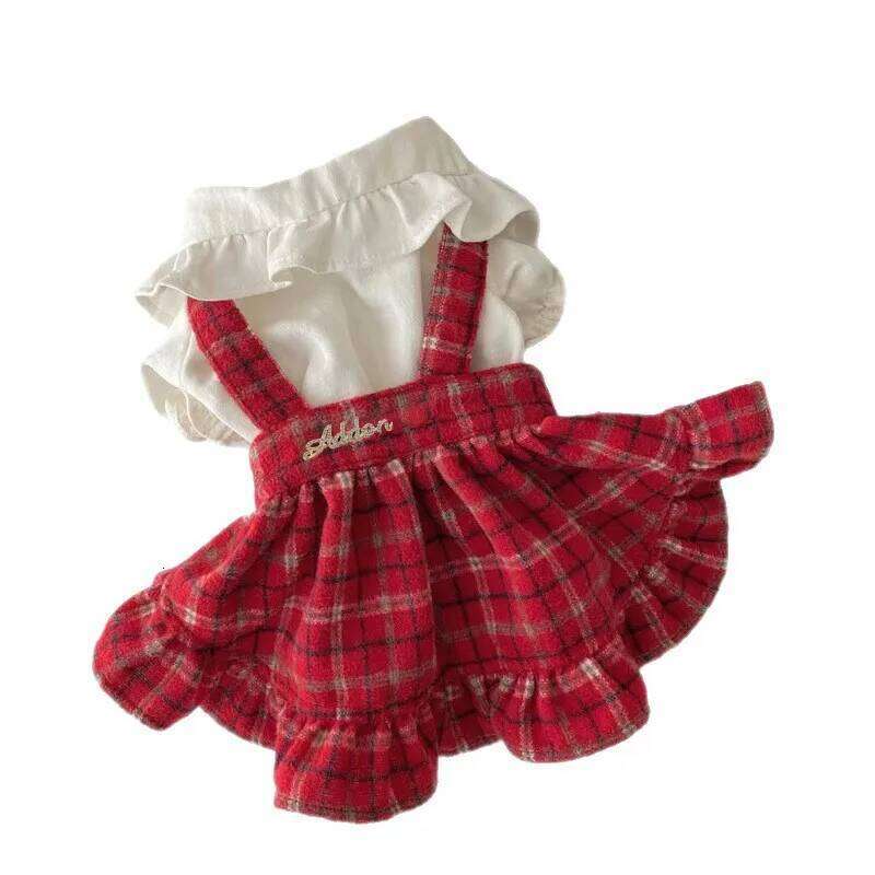 Pet Christmas Clothes Winter Puppy Dresses Embroidered Strap Checkered Bow Skirt Birthday New Year Small Medium Dog Coat H260130