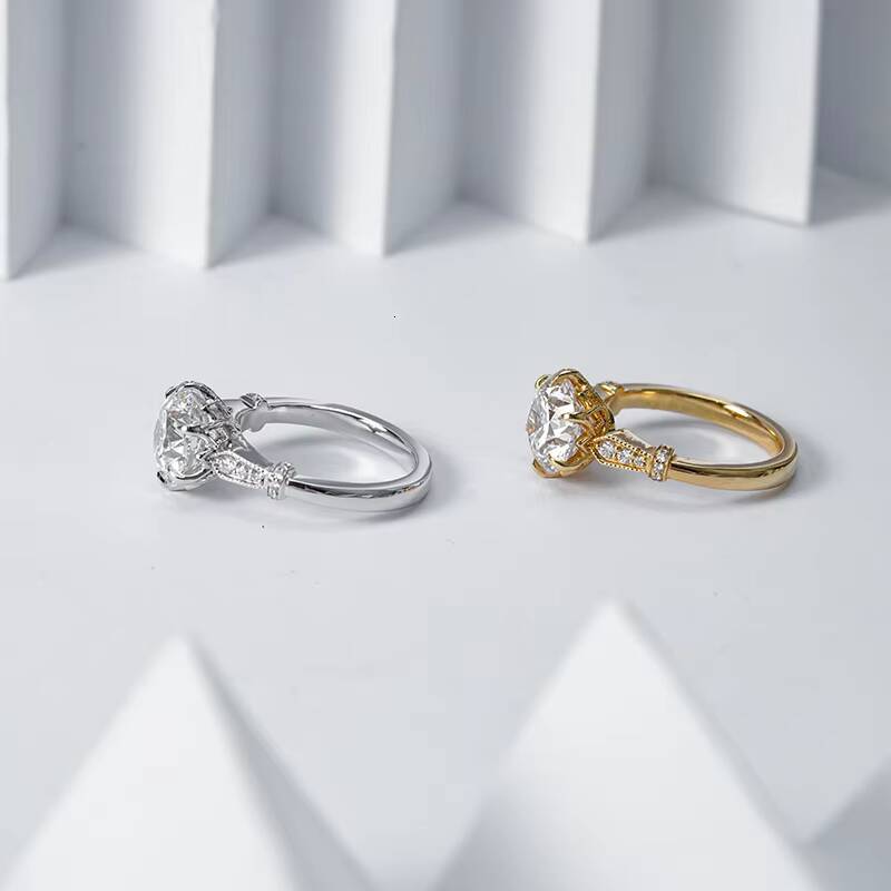 10k 14k Gold Fine Jewelry 2ct 8mm Moissanite and Lab Grown Gemstone Solid Gold Mrilgrain Engragement Ring